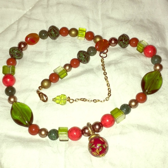 Handmade earth tone ORIGINAL OOAK glass bead adjustable green red Necklace retro - Picture 11 of 16